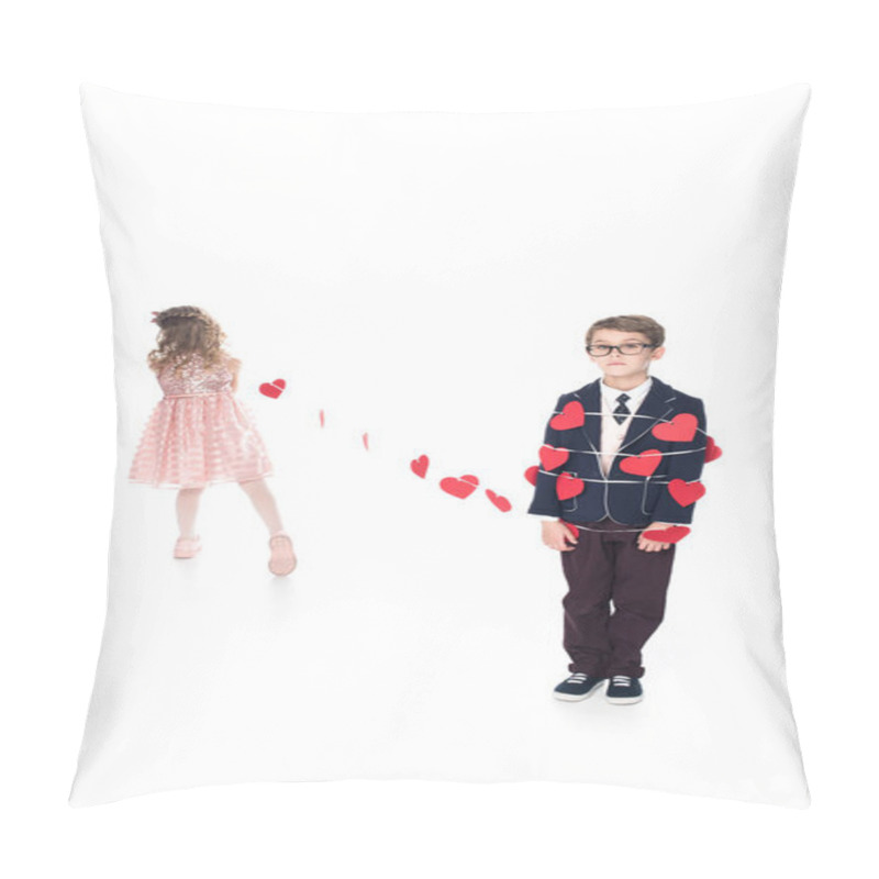 Personality  Cute Little Girl Tying Boy In Eyeglasses With Rope And Red Hearts Isolated On White Pillow Covers