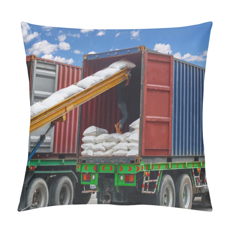 Personality  Labor Stuff Cargo Bags Of White Refined Sugar Into Container On Trailer Using Conveyor Belt. Pillow Covers