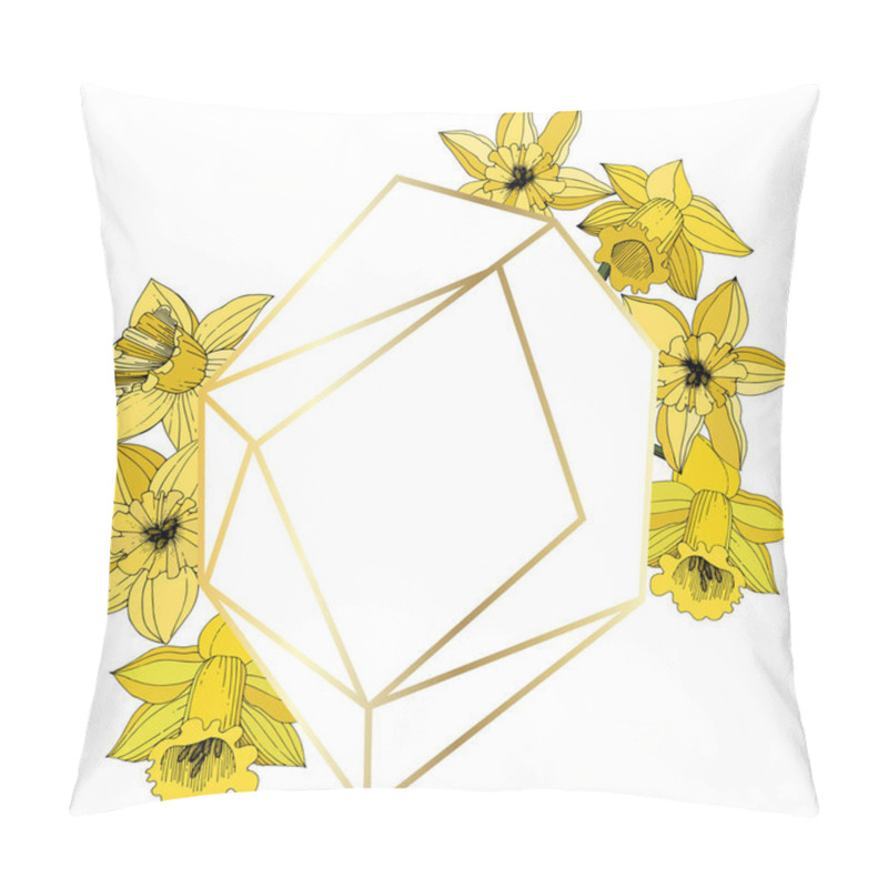 Personality  Vector Narcissus Flowers. Yellow Engraved Ink Art. Frame Border Ornament On White Background Polyhedron Mosaic Shape. Pillow Covers