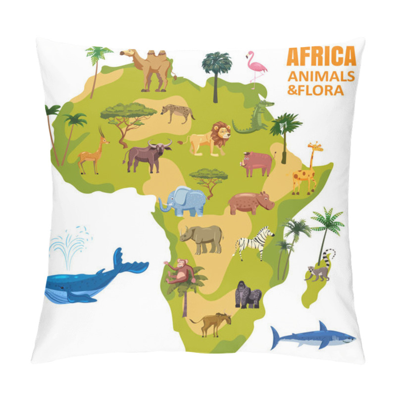 Personality  Africa Animal World Map Continent. Set Tropical Animals Flora Wild Savannah Jungle Fauna. Vector Cartoon Style Illustration Pillow Covers