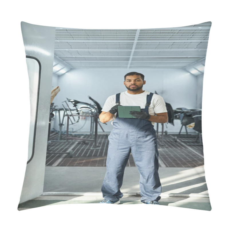 Personality  Young Mechanic Stands Focused With Clipboard In Bright Automotive Workshop Ready For Tasks Ahead. Pillow Covers