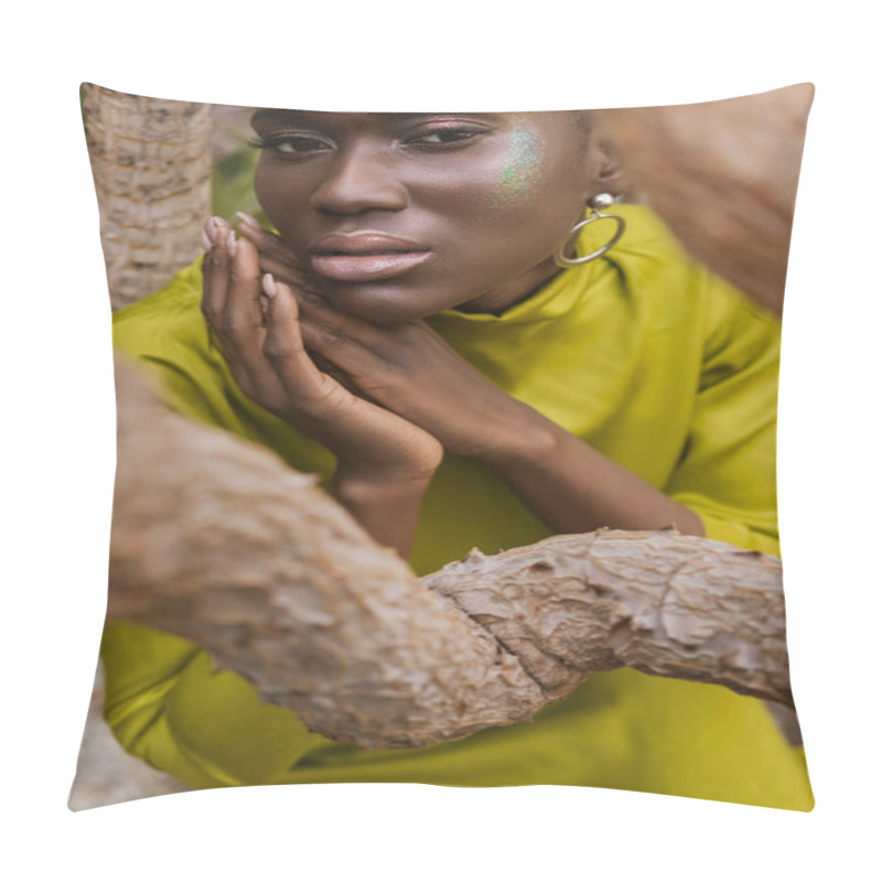 Personality  Attractive African American Woman With Glitter Makeup Posing In Yellow Dress Pillow Covers