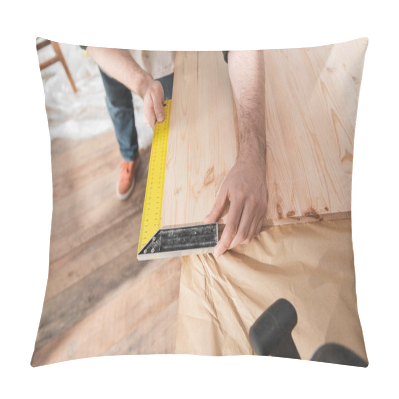 Personality  Cropped View Of Carpenter Using Square Tool On Wooden Board  Pillow Covers