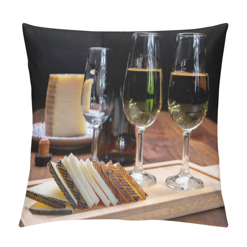 Personality  Spanish Fino Dry Sherry Wine From Andalusia And Pieces Of Different Sheep Hard Manchego Cheeses Made In La Mancha, Spain. Wine And Cheese Pairing Pillow Covers