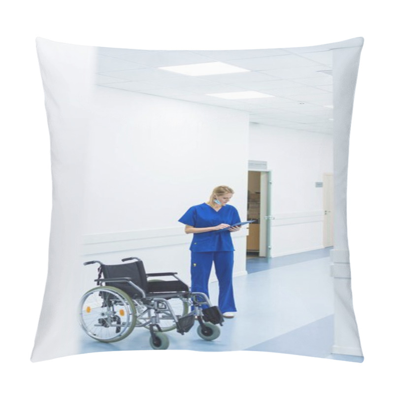 Personality  Female Surgeon Reading Diagnosis And Standing At Wheelchair In Hospital Corridor Pillow Covers