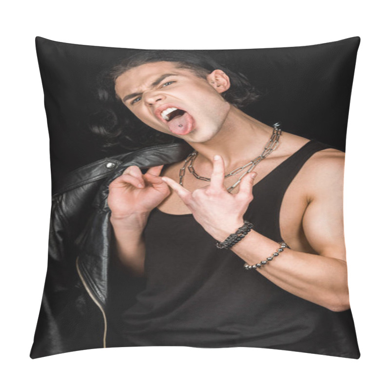 Personality  Man Showing Rock Sign And Tongue While Holding Leather Jacket Isolated On Black  Pillow Covers