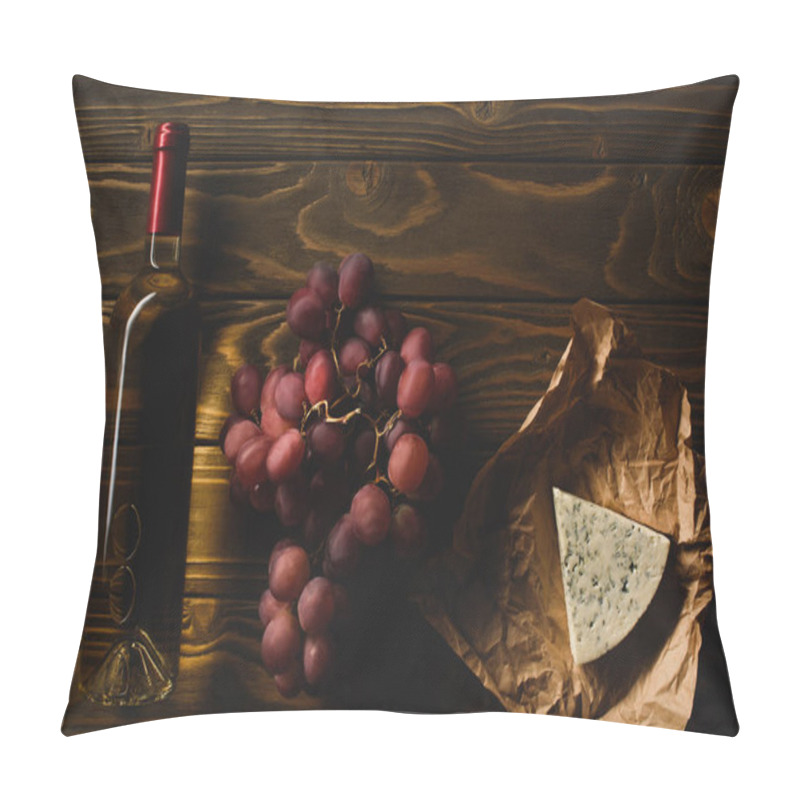 Personality  Top View Of Bottle Of White Wine With Appetizers On Wooden Table Pillow Covers