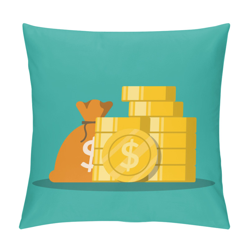 Personality  Vector Flat Money Bag With Gold Coins Stack. Illustration Isolated On Green Background. Pillow Covers