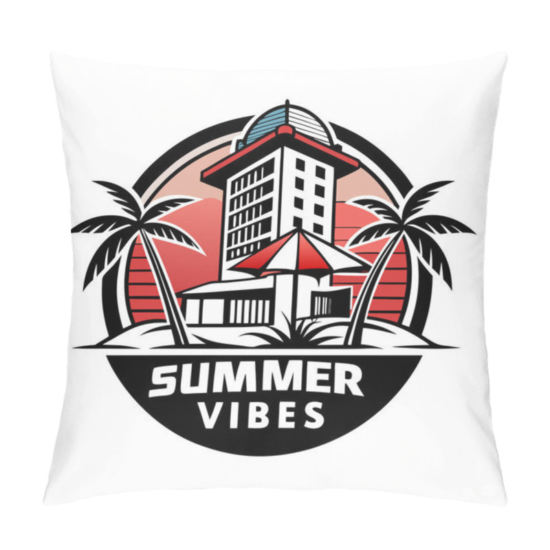 Personality  Summer Vibes Hotel Logo, Palm Tree, Sunshade, And Cityscape In Circle - Perfect For Travel Branding Pillow Covers