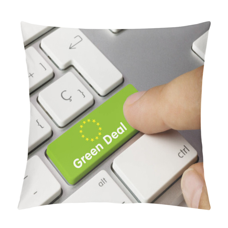 Personality  Green Deal Written On Green Key Of Metallic Keyboard. Finger Pressing Key. Pillow Covers