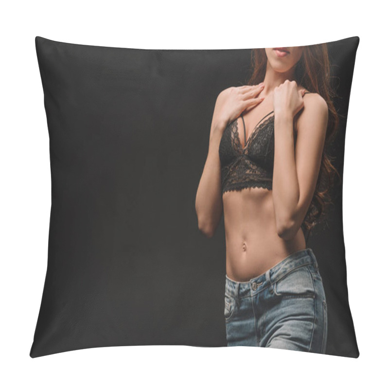 Personality  Cropped View Of Sexual Young Woman Posing In Lace Bra Isolated On Black Pillow Covers