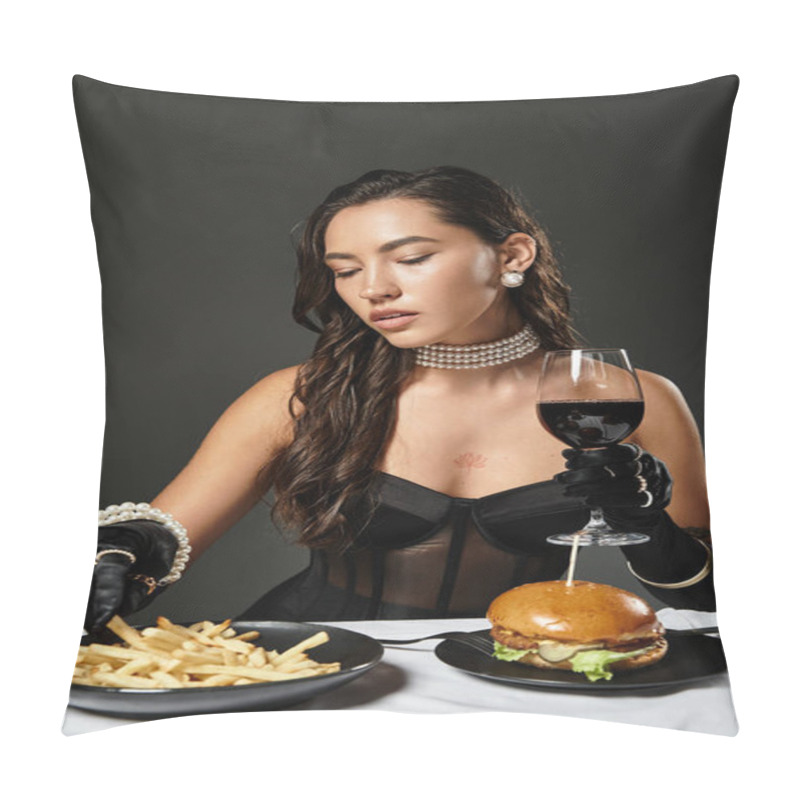 Personality  A Young Woman Savors Gourmet Fries And A Stylish Burger While Elegantly Dressed At A Table. Pillow Covers