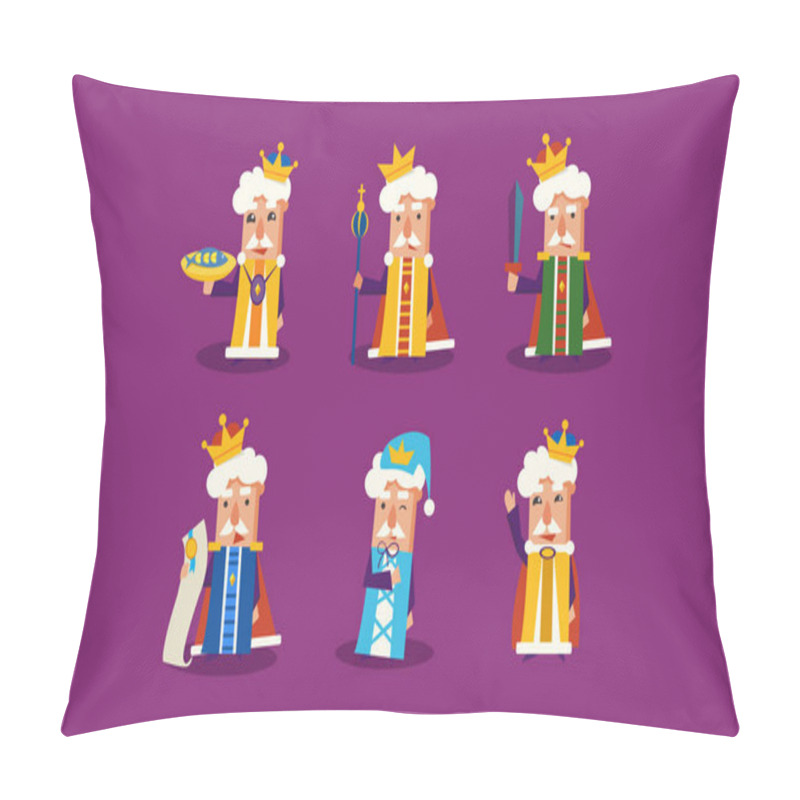 Personality  Flat Vector Set Of Funny Cartoon King In Different Actions. Ruler Of The Kingdom. Elements For Children Book Or Mobile Game Pillow Covers