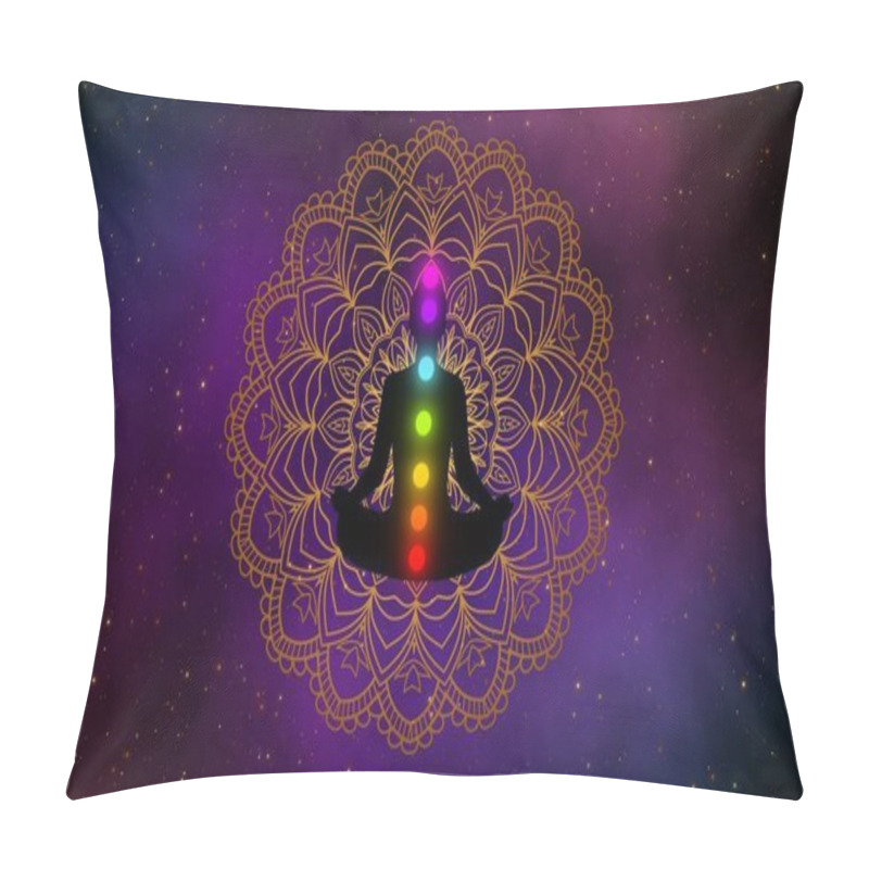 Personality  Silhouette Of Meditation Man With Seven Chakras Glow Up On Gold Mandala With The Beautiful Of Galaxy Space On Background. Pillow Covers