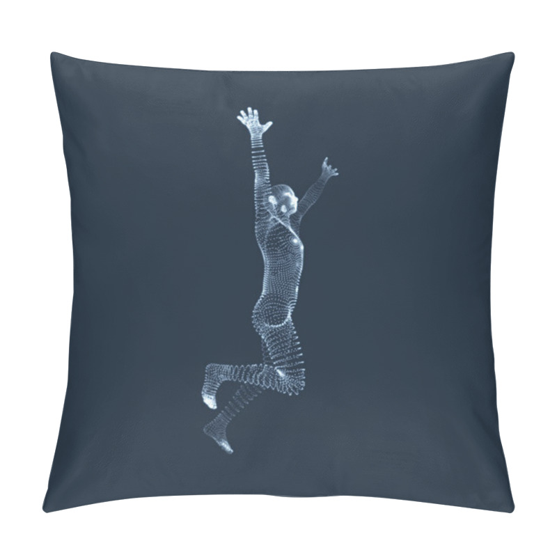 Personality  Running Man. Human With Arm Up. Silhouette For Sport Championship. The Victory Celebration. 3D Model Of Man. Vector Illustration. Pillow Covers