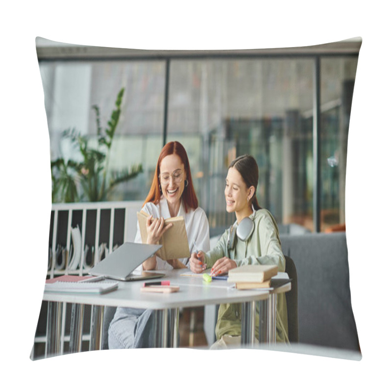 Personality  A Redhead Woman Is Tutoring A Teenage Girl At A Table In An Office, Using A Laptop For Modern Education After School Lessons. Pillow Covers