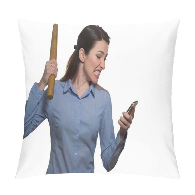 Personality  Angry Woman Screaming And Threatens With Rolling-pin Holding A Phone Isolated Pillow Covers