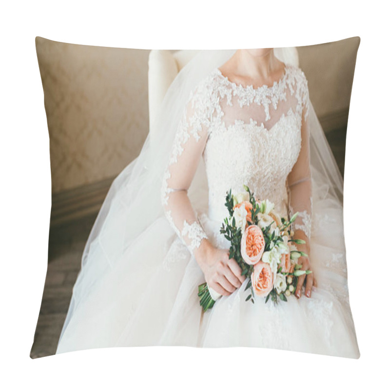 Personality  Gorgeous Bouquet Of White And Orange Flowers In The Hands Of The Charming Woman In A White Dress. Bride Sit On The Chair Near The Window Pillow Covers