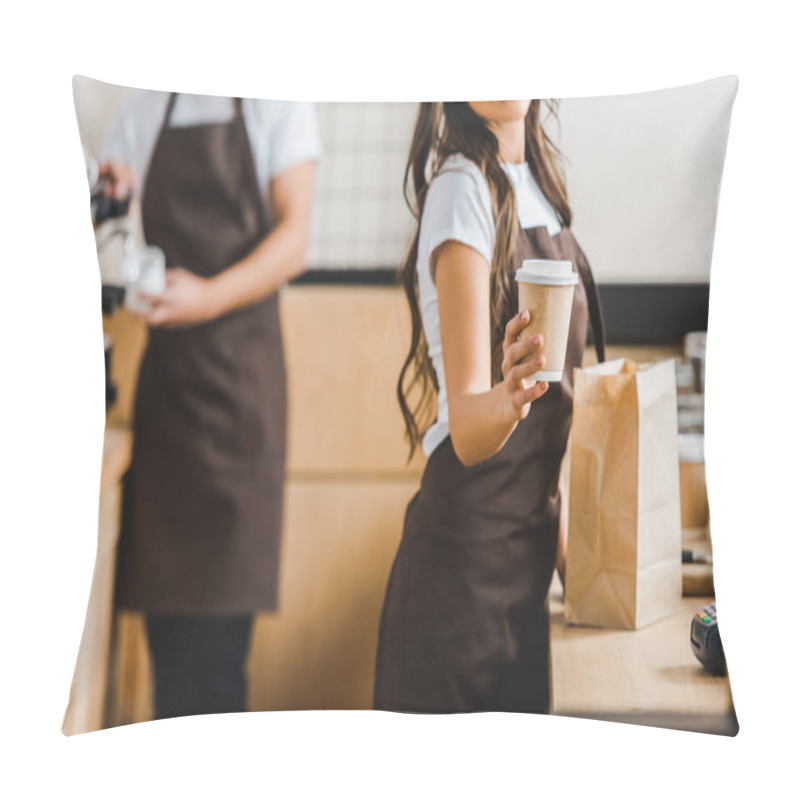 Personality  Cropped View Of Cashier With Paper Cup And Bag With Barista In Brown Apron In Coffee House Pillow Covers