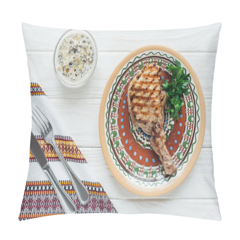 Personality  Top View Of Rib Eye Meat Steak On Plate With Parsley, Sauce, Embroidered Towel And Cutlery On White Wooden Background Pillow Covers