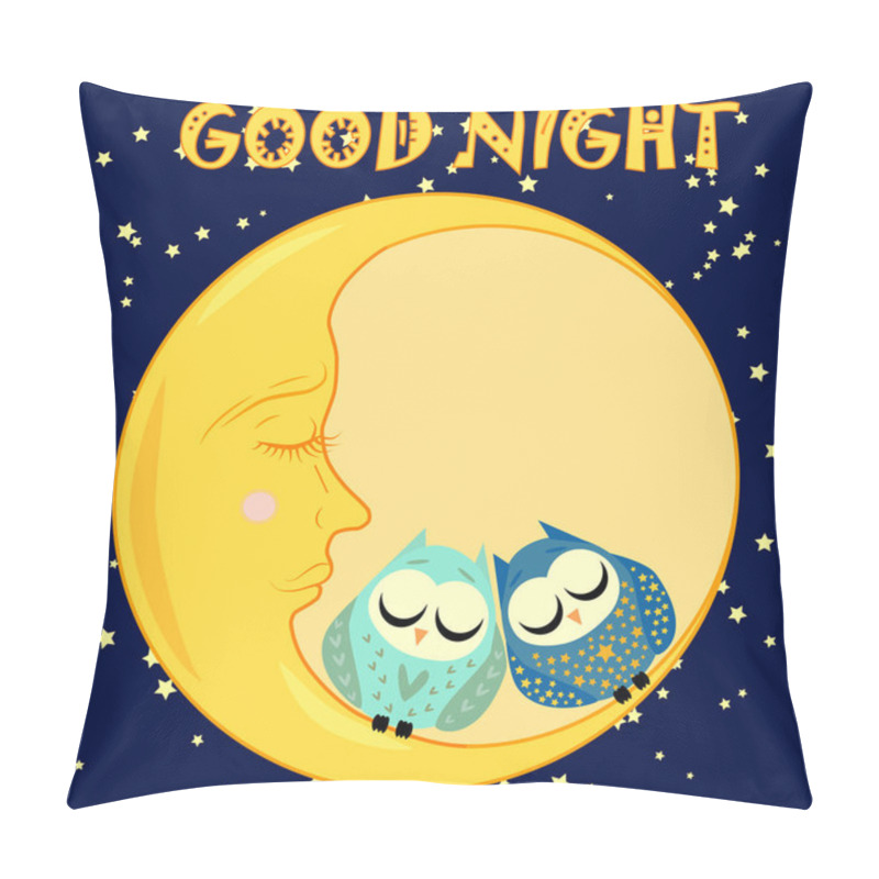 Personality  Good Night. A Postcard With A Dozing Crescent, Two Lovely Cartoon Owls And Text. Pillow Covers