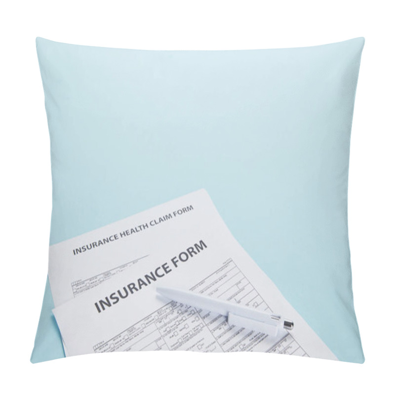 Personality  Close-up View Of Insurance Form, Insurance Health Claim Form And Pen Isolated On Blue Pillow Covers