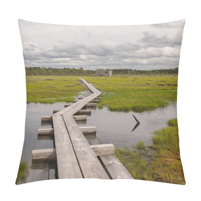 Personality  Landscape With A Pedestrian Wooden Footbridge Over Swamp Wetlands With Small Pines. Bog Plants And Ponds, A Typical West-Estonian Bog. Nigula Nature Reserve Pillow Covers