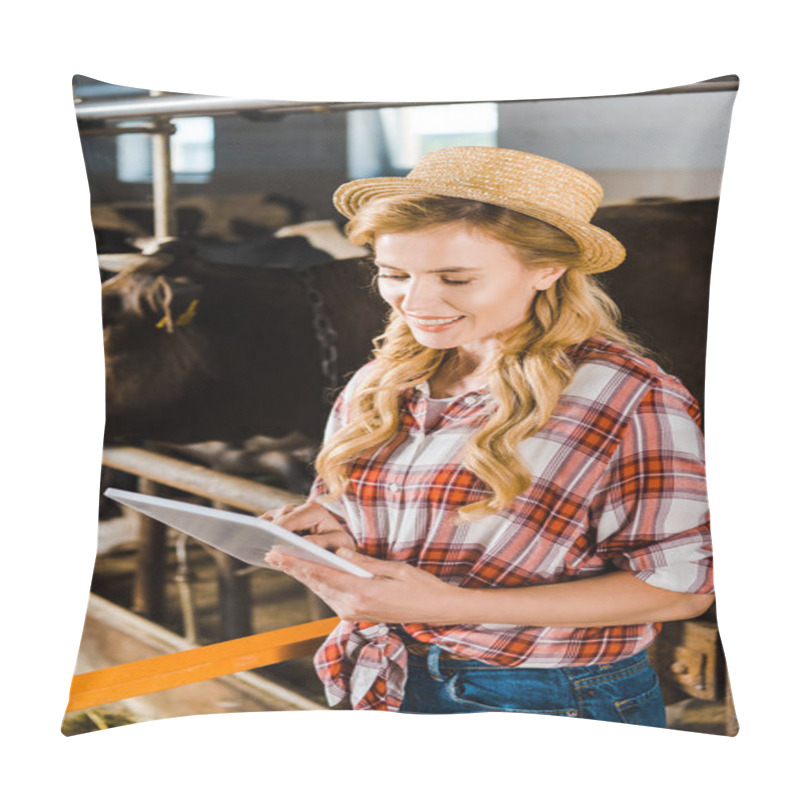 Personality  Attractive Smiling Farmer In Straw Hat Using Tablet In Stable Pillow Covers