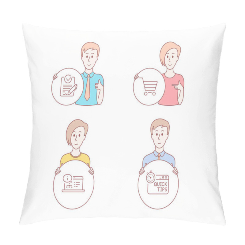 Personality  People Hand Drawn Style. Set Of Market Sale, Online Documentation And Rfp Icons. Quick Tips Sign. Customer Buying, Web Engineering, Request For Proposal. Helpful Tricks.  Character Hold Circle Button Pillow Covers