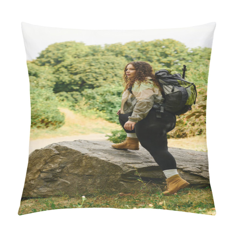 Personality  A Plus Size Woman Takes A Bold Step Forward On A Rocky Path Through A Vibrant Green Forest. Pillow Covers