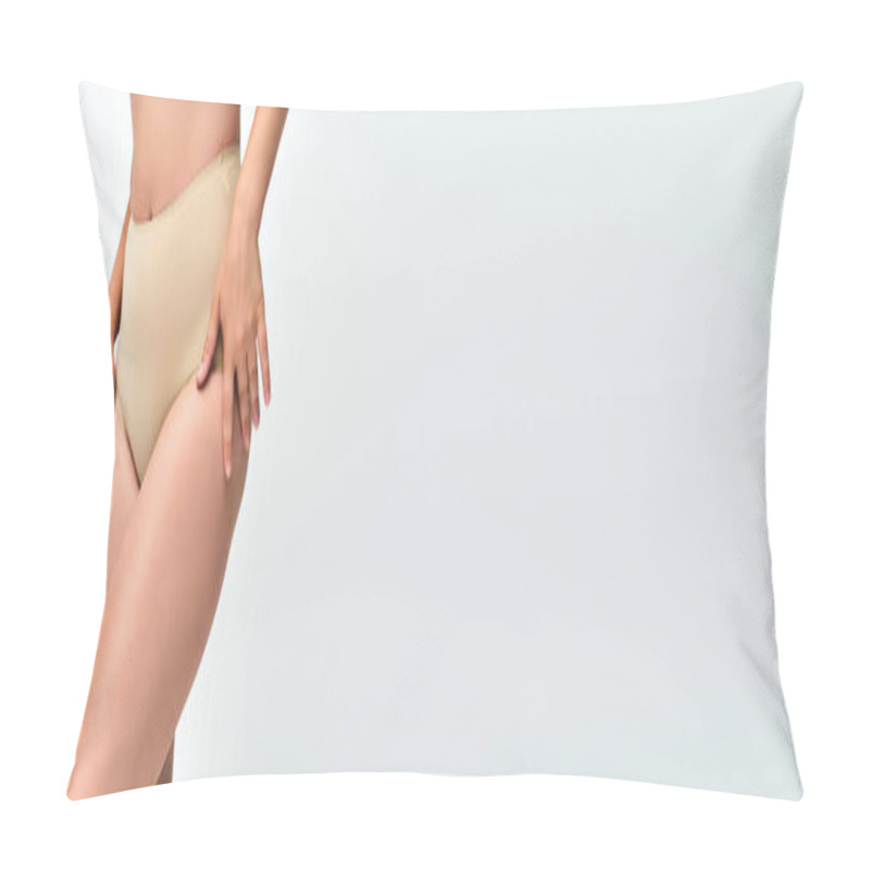 Personality  Cropped View Of Young Curvaceous Woman In Panties With Hands Near Hips On White, Horizontal Banner Pillow Covers