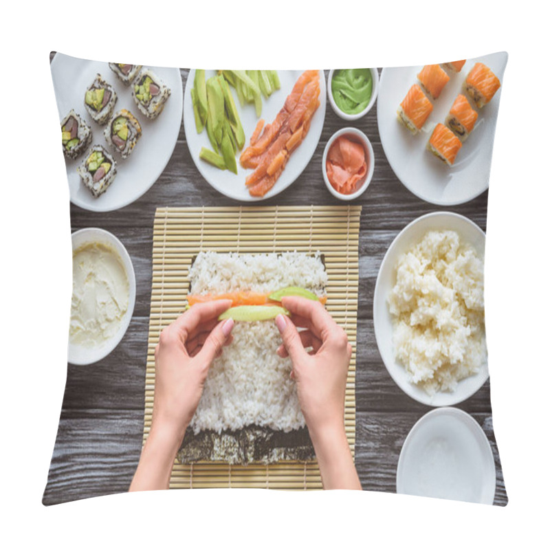 Personality  Cropped Shot Of Person Preparing Sushi With Salmon And Avocado  Pillow Covers