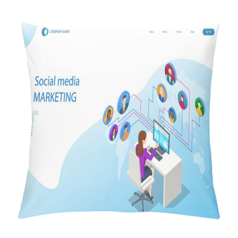 Personality  Isometric Social Network Concept. Chatting Mobile Application. Management, Consulting And Marketing. Pillow Covers