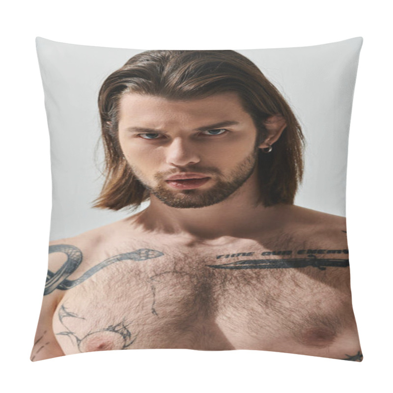 Personality  A Caucasian Man With Long Hair And Chest Tattoos Showcasing His Rebellious Side. Pillow Covers