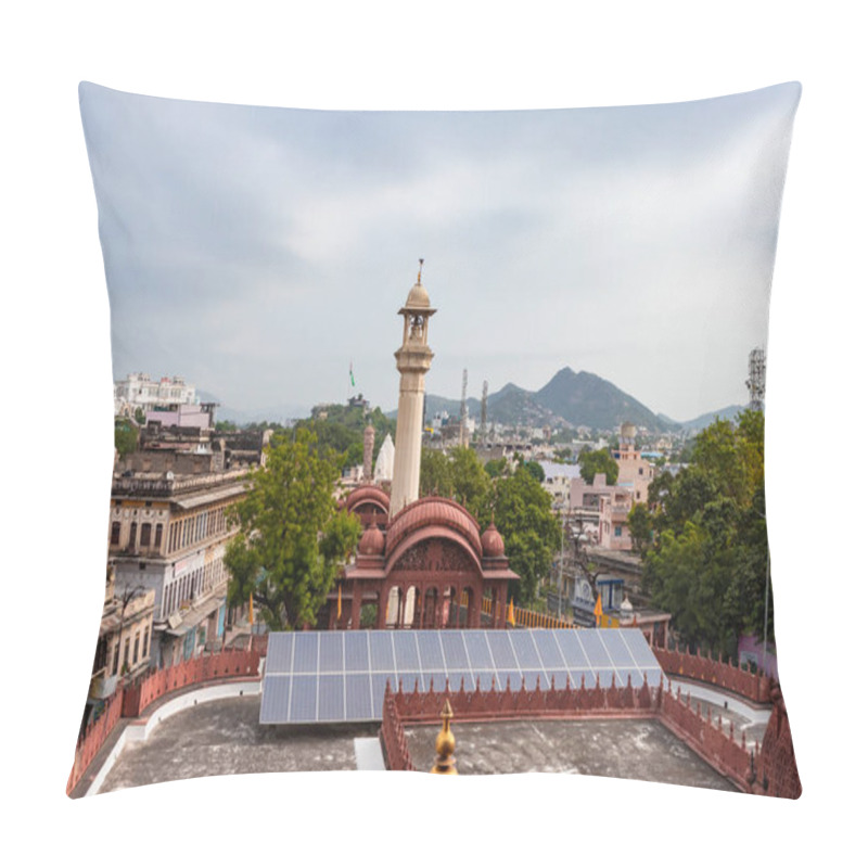 Personality  Ancient Holy Jain Trample Entrance With Cloudy Sky And Mountain Background Image Is Taken At Soni Ji Ki Nasiya Jain Temple, Ajmer, Rajasthan, India. Pillow Covers