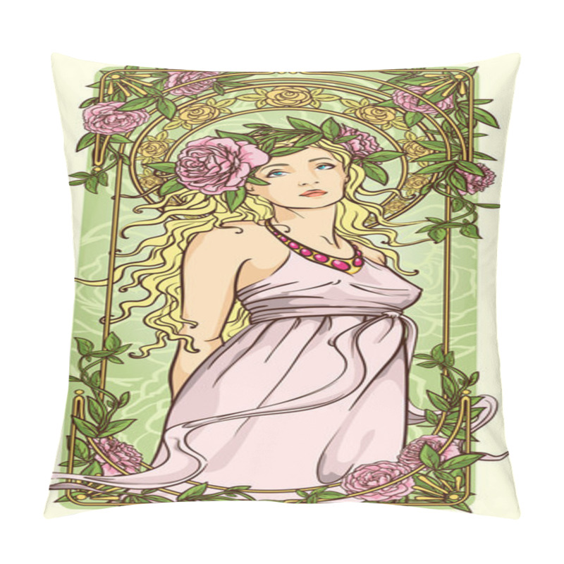 Personality  Art Nouveau Woman In Floral Border Pillow Covers