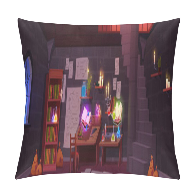 Personality  Alchemist Work Room In Medieval Dungeon. Vector Cartoon Illustration Of Castle Basement With Stone Staircase And Gothic Window, Wooden Furniture, Glass Elixir Bottles, Bottles, Ancient Papers On Shelf Pillow Covers