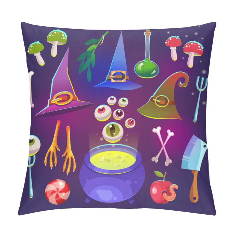 Personality  Halloween Witches Set With Funny And Scary Objects. Vector Illustration Of Eyes, Pot With Potion, Toadstool, Candy, Chicken Feet, Hat In Cartoon Style. Pillow Covers