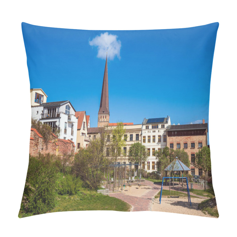 Personality  View To A Church And Buildings In Rostock, Germany. Pillow Covers