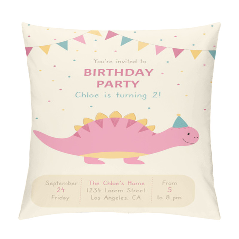 Personality  A Birthday Invitation. Hand Drawn Cute Pink Dinosaur. A Children's Poster Decorated With Flags. Vector Illustration. Pillow Covers