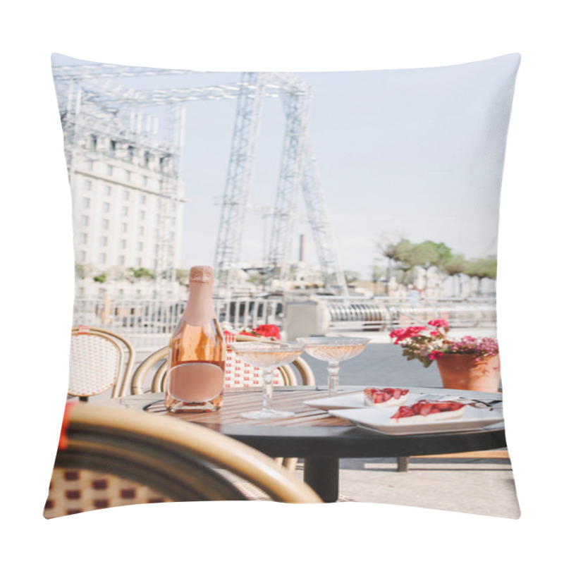 Personality  Gourmet Desserts, Bottle Of Champagne And Two Glasses On Round Table In Outdoor Cafe Pillow Covers