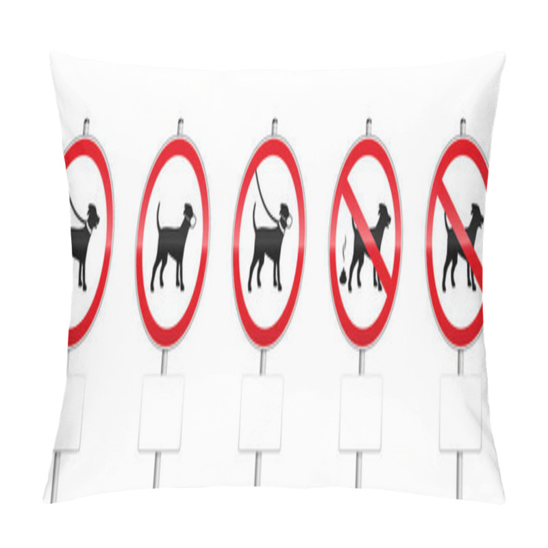 Personality  Dogs Mandatory Signs With Blank Panels - No Dogs Allowed, Dogs On Leash, Wearing Muzzles, Dog Dirt. Isolated On White Background. Pillow Covers