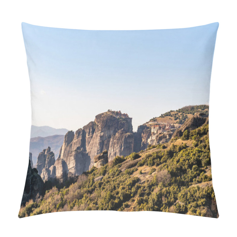 Personality  Rock Formations With Monastery Near Mountains In Meteora  Pillow Covers