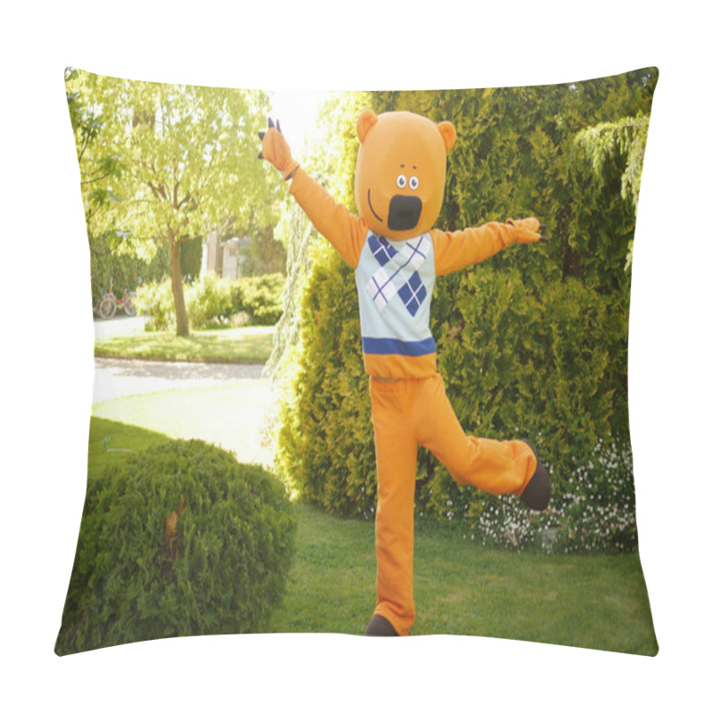 Personality  Growth Doll Of A Giant Cartoon Brown Bear In A Sweater In The Park On The Green Grass Pillow Covers