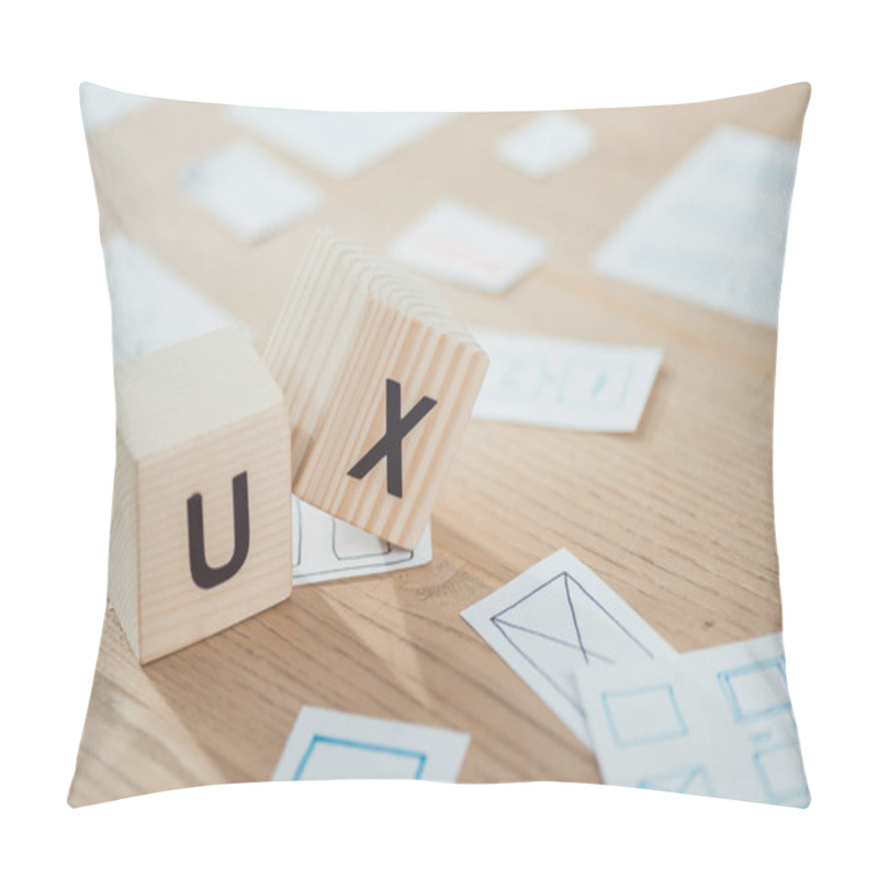 Personality  Selective Focus Of Wooden Cubes With Ux Letters And Application Layouts On Table Pillow Covers