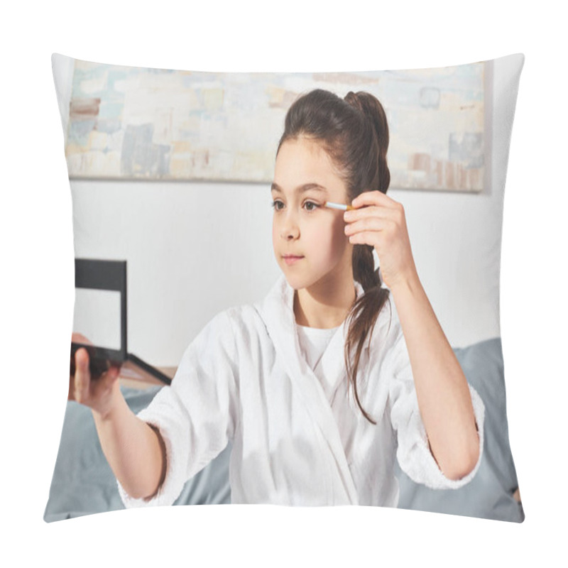 Personality  A Brunette Preteen In A White Bath Robe Sits On A Bed, Applying Makeup To Her Face With Different Cosmetics. Pillow Covers