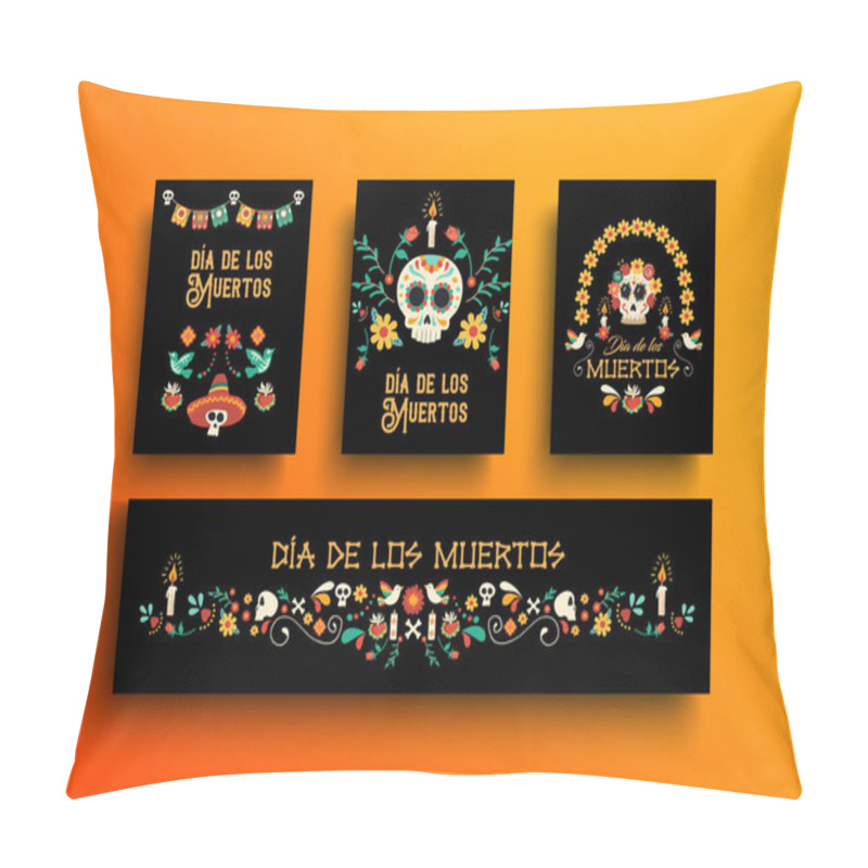 Personality  Day Of The Dead Greeting Card Template Set For Traditional Mexican Culture Holiday Celebration With Sugar Skulls And Mexico Decoration In Spanish Language. Pillow Covers