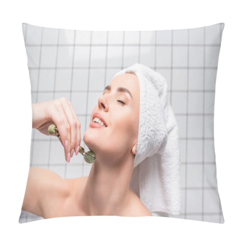 Personality  Happy Woman With Closed Eyes And Towel On Head Using Jade Roller In Bathroom Pillow Covers