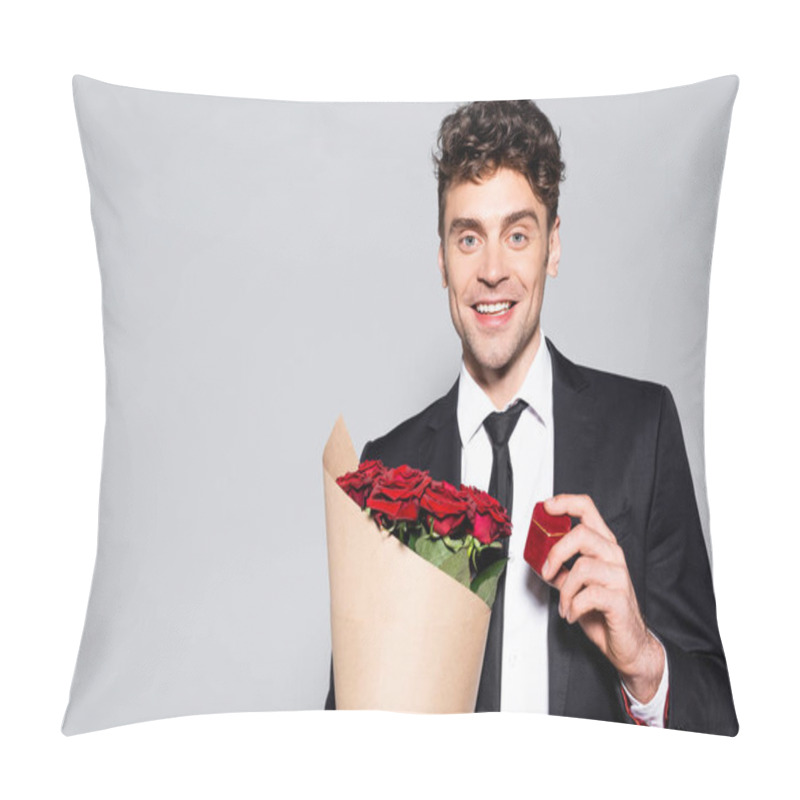 Personality  Smiling Man In Elegant Suit With Bouquet Of Red Roses And Ring Box Isolated On Grey Pillow Covers