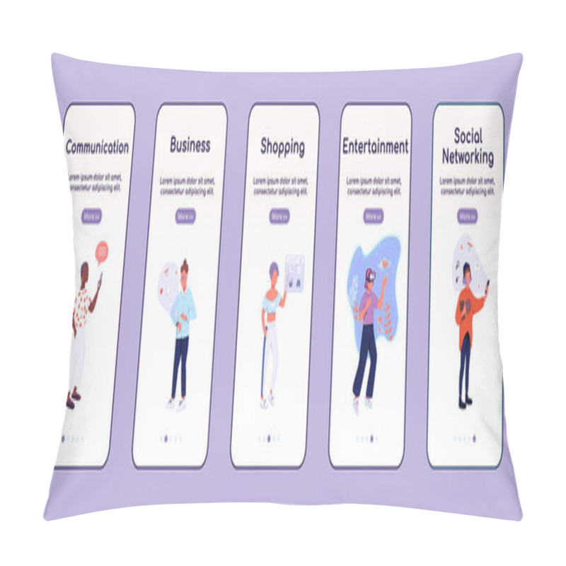 Personality  Technology In Life Onboarding Mobile App Screen Flat Vector Template. Modern Digital Lifestyle Walkthrough Website Steps With Characters. UX, UI, GUI Smartphone Cartoon Interface, Case Prints Set Pillow Covers